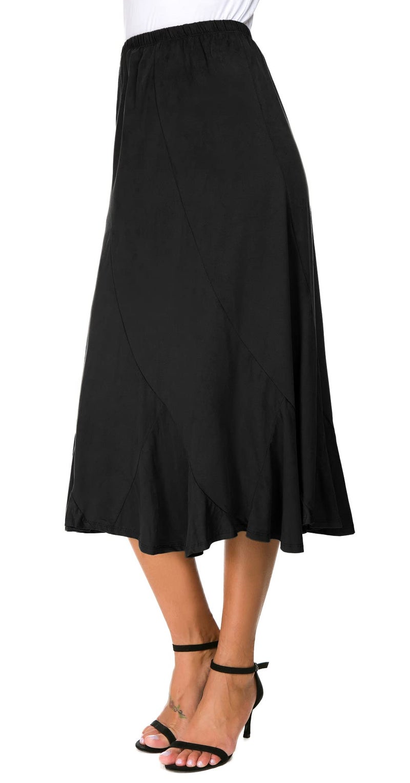 EXCHIC Women's Elegant Ankle Length Ruffle Hem Elastic Waist Suede Midi Skirt (L, Black) - Image 1